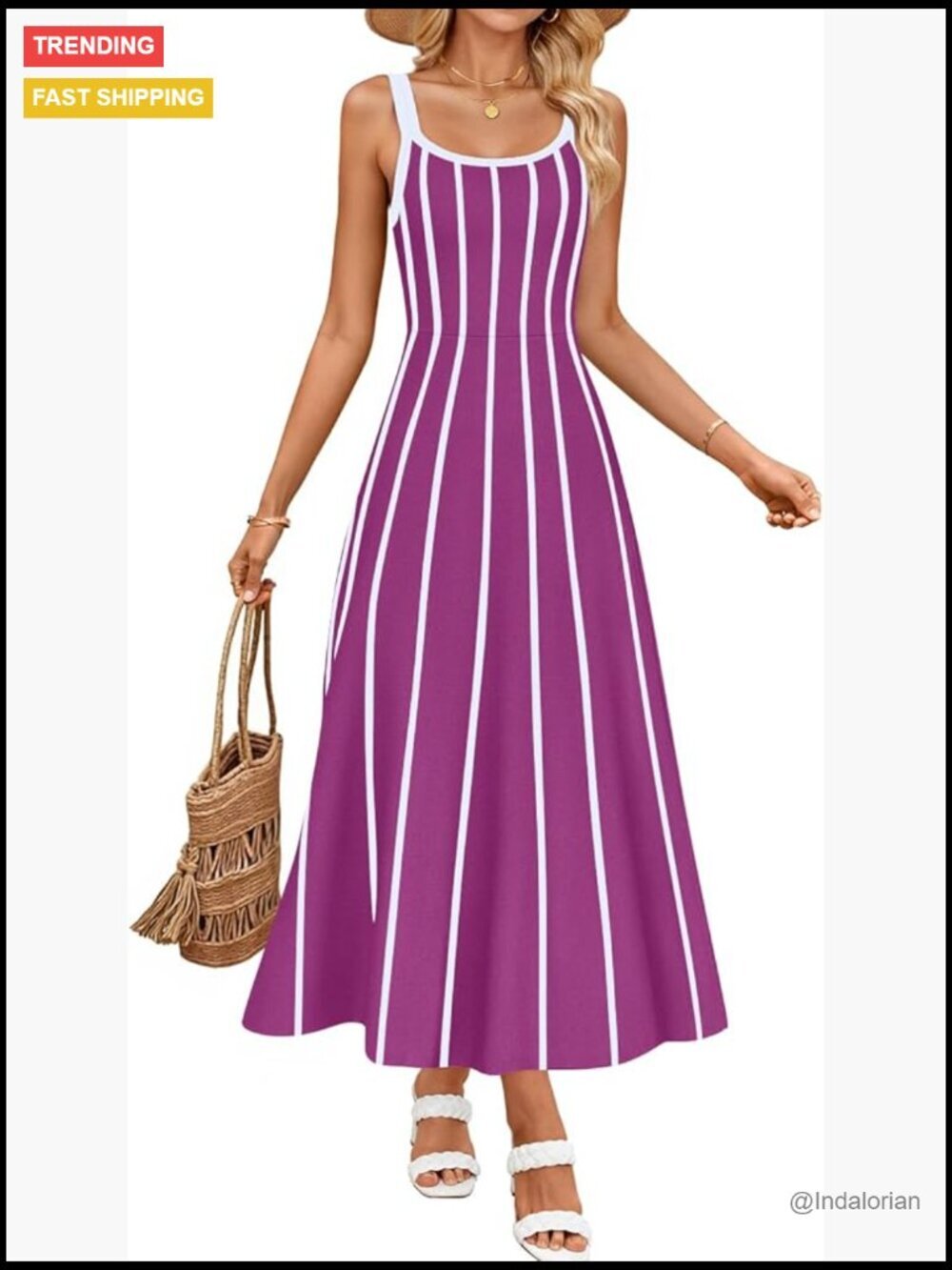 Sleeveless Striped Midi A-Line Swing Knit Dress Summer Beach Vacation
